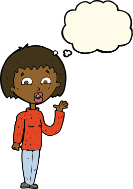 Bir insan tarafından çizilmiş düşünce baloncuğuyla el sallayan çizgi film kadını.