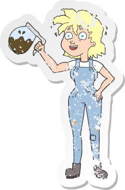 Bir insan tarafından çizilmiş çok fazla kahve karikatürünün gerilimli retro yapıştırması.