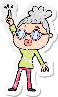 Bir insan tarafından çizilmiş gözlüklü, dans eden bir karikatür kadının sıkıntılı çıkartması.