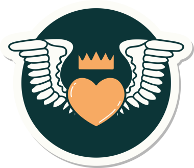 Bir insan tarafından çizilmiş kanatlı bir kalbin geleneksel stiliyle dövme çıkartması.