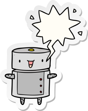 Bir insan tarafından çizilmiş konuşma kabarcığı çıkartmalı sevimli çizgi film robotu.