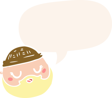 Çizgi film erkek yüzü, sakallı, konuşma baloncuklu, eski tarz bir insan tarafından çizilmiş.