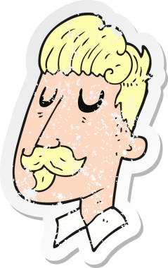 Bir insan tarafından çizilmiş bıyıklı bir karikatürcünün gerilemiş çıkartması.