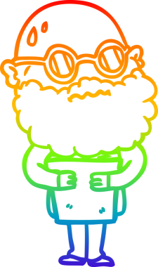 Bir insan tarafından çizilmiş sakallı ve gözlüklü endişeli bir çizgi film çizimi.