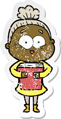 Bir insan tarafından çizilmiş mutlu, yaşlı bir kadının sıkıntılı çıkartması.