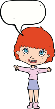 Bir insan tarafından çizilmiş konuşma balonuyla işaret eden mutlu kadın çizgi filmi.