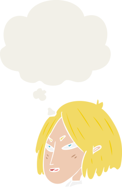 Düşünce baloncuğu olan karikatür kadın bir insan tarafından çizilmiş.