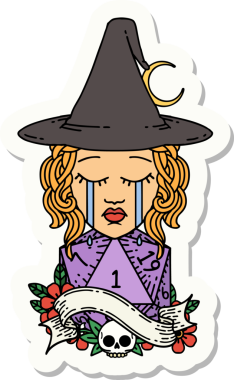 Bir insan tarafından çizilmiş doğal D20 rulo ile ağlayan bir insan cadının çıkartması.