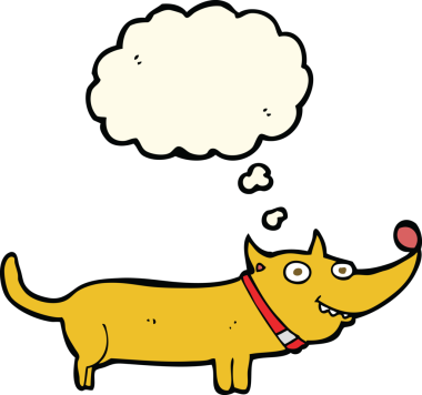 Bir insan tarafından çizilmiş düşünce balonlu mutlu bir köpek.