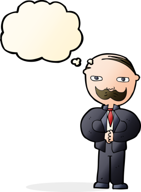 Düşünce baloncuğu çizilmiş bıyıklı yaşlı bir adam.