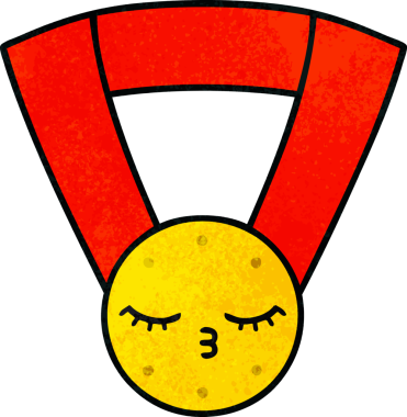 Bir insan tarafından çizilmiş altın madalyanın retro grunge desenli karikatürü