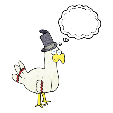El yazısıyla çizilmiş düşünce balonu desenli çizgi film kuşu insan tarafından çizilmiş silindir şapka giyiyor.