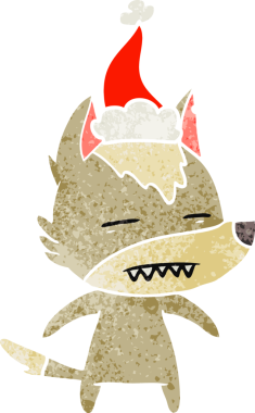 Bir insanın çizdiği Noel Baba şapkasını takan bir kurdun el çizimi karikatürü.