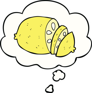 Bir insan tarafından çizilmiş düşünce baloncuklu dilimlenmiş limon.