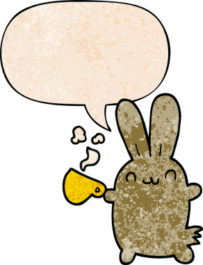 Sevimli çizgi film tavşanı konuşma baloncuklu kahve içiyor. Eski moda bir insan tarafından çizilmiş.