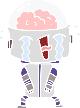 Bir insan tarafından çizilmiş düz renkli karikatür ağlayan robot.