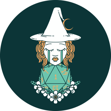 Ağlayan insan cadı ikonu ve bir insan tarafından çizilmiş bir D20 zar.