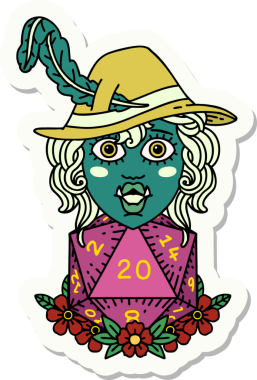 Bir insan tarafından çizilmiş 20 zarlı yarım ork şairin çıkartması.