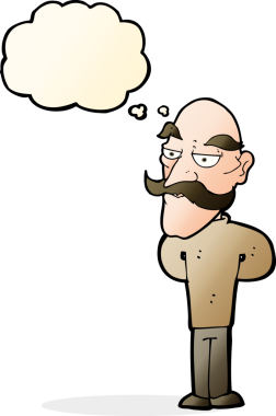 Düşünce baloncuğu çizilmiş bıyıklı yaşlı bir adam.