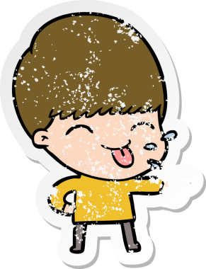 Bir insan tarafından çizilmiş dili çıkmış bir çizgi film çocuğunun sıkıntılı çıkartması.