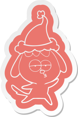 Bir insan tarafından çizilmiş Noel Baba şapkası takan sıkılmış bir köpeğin garip çizgi film çıkartması.