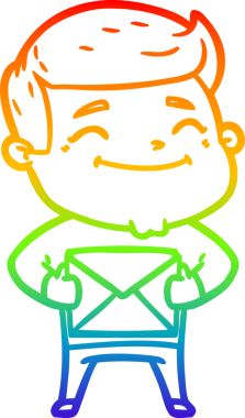 Gökkuşağı gradyan çizimi mutlu bir çizgi film adamı ve bir insan tarafından çizilmiş bir paket