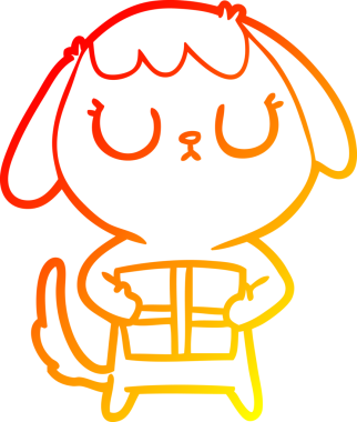 Bir insan tarafından çizilmiş Noel hediyeli şirin bir köpeğin sıcak çizgi çizimi.