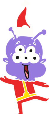 Bir insan tarafından çizilmiş Noel Baba şapkasıyla dans eden bir uzaylının çizilmiş mutlu el çizimi.