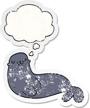 Düşünce baloncuklu şirin karikatür mührü bir insan tarafından çizilmiş yıpranmış bir çıkartma gibi.