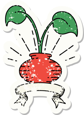 Bir insan tarafından çizilmiş vazoda dövmeli ev bitkisinin eski bir çıkartması.