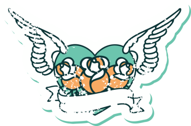 Bir insan tarafından çizilmiş çiçek ve pankartıyla uçan bir kalbin sembolik dövmeli resmi.