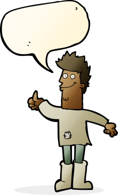 Bir insan tarafından çizilmiş konuşma balonu olan paçavralar içindeki pozitif düşünceli bir adam.