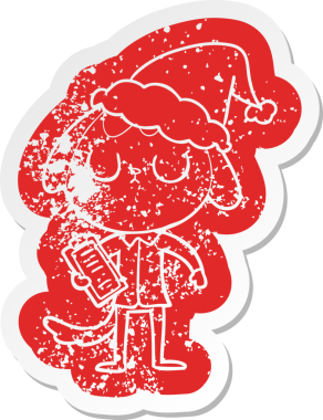 Sevimli çizgi film. Üzüntülü, ofis tişörtü giyen, Noel Baba şapkası takan bir köpek. Bir insan tarafından çizilmiş.