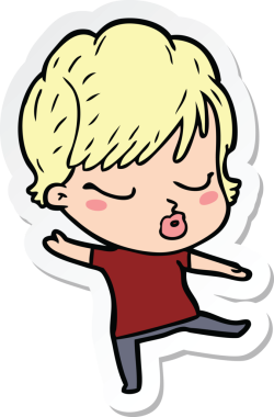 Bir insan tarafından çizilmiş, gözleri kapalı bir karikatür kadının çıkartması.