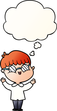 Bir insan tarafından çizilmiş, düşünce baloncuklu gözlük takan çizgi film çocuğu.