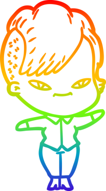 Gökkuşağı gradyan çizimi. Hipster saç kesimi bir insan tarafından çizilmiş şirin bir çizgi film kızı.