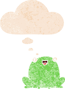 Düşünce baloncuğu ile çizgi film kurbağası grunge sıkıntılı retro dokuma tarzı bir insan tarafından çizilmiş