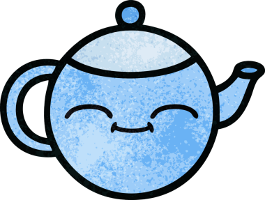 Bir insan tarafından çizilmiş mutlu bir çaydanlığın retro grunge desen karikatürü.