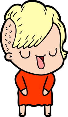 Bir insan tarafından çizilmiş hippi saç kesimli sevimli bir çizgi film kızı.