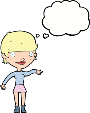 Bir insan tarafından çizilmiş düşünce balonlu mutlu kadın çizgi filmi.