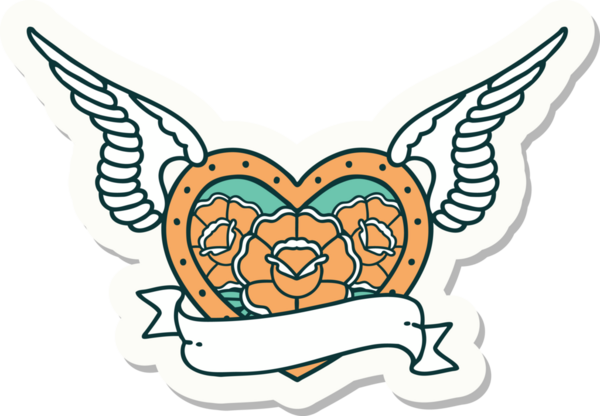 Geleneksel bir dövme stili. Uçan kalp. Çiçekler ve bir insan tarafından çizilmiş bayrak.