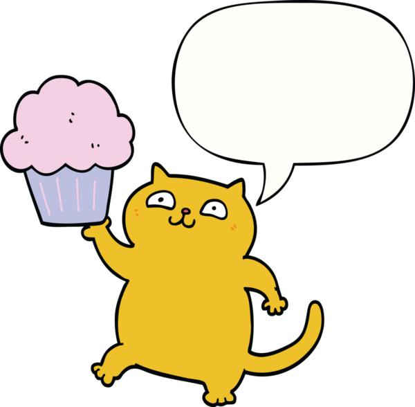 Bir insan tarafından çizilmiş kek ve konuşma balonu olan çizgi film kedisi.