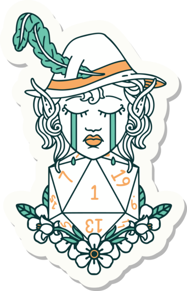 Ağlayan bir elf şair karakterinin çıkartması. Bir insan tarafından çizilmiş doğal bir D20 rulosu.