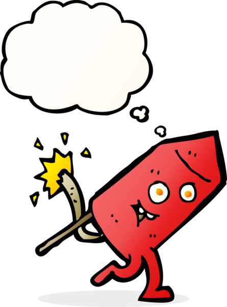 Bir insan tarafından çizilmiş düşünce baloncuklu komik havai fişek karakteri.