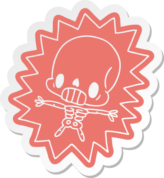 Karikatür etiketi kawaii bir insan tarafından çizilmiş iskelete elektrik verilmiş.
