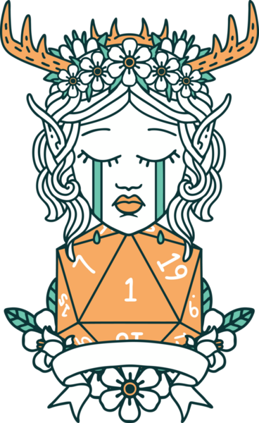 Retro Dövme Tarzı Üzgün Elf Karakteri Yüzü Doğal bir D20 ruloyla Bir insan tarafından çizilmiş