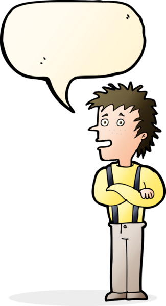 Bir insan tarafından çizilmiş, kolları katlanmış, konuşma balonu olan çizgi film çocuğu.