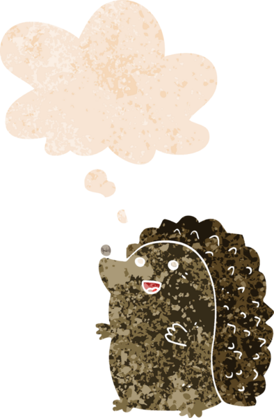 Mutlu bir kirpi çizgi filmi grunge 'da düşünce baloncuğu olan sıkıntılı eski moda bir insan tarafından çizilmiş.