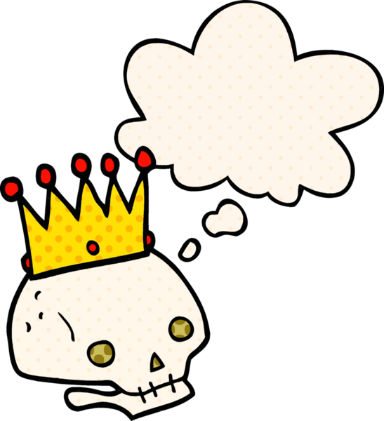 Karikatür kafatası ve insan tarafından çizilmiş düşünce baloncuğu.