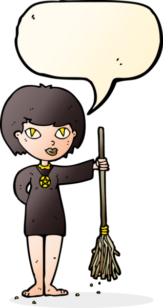 Bir insan tarafından çizilmiş konuşma balonlu güzel cadı kız çizgi filmi.